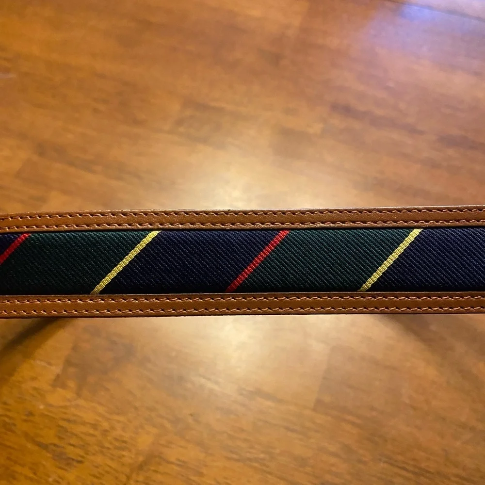 Lands' End Brown Leather-Trim Belt with Navy, Green & Red Stripes
